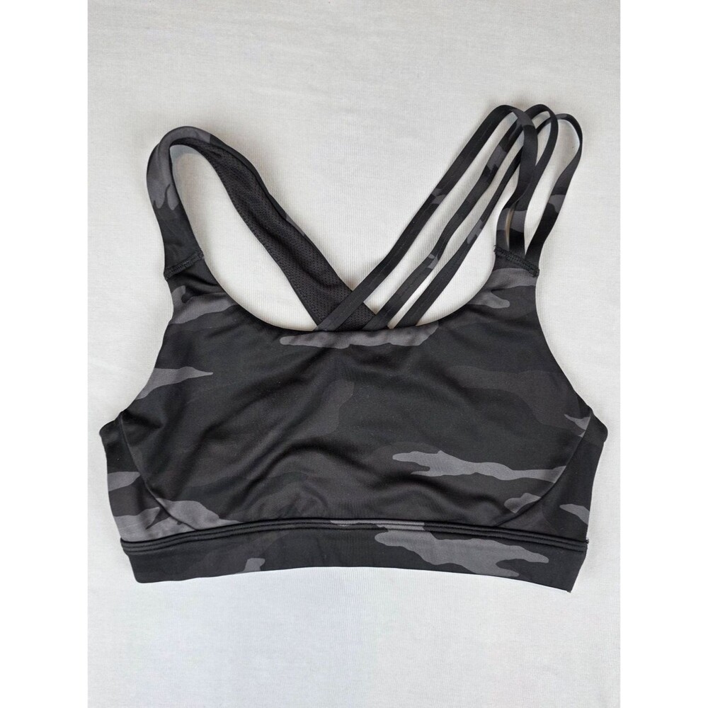 Athleta Run Free Sports Bra Small Strappy Black Camo Medium Impact Asymmetrical